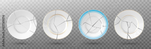 Broken white plates on transparent background. Vector realistic illustration