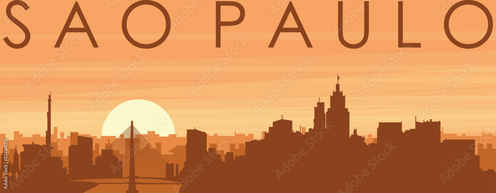 Brown panoramic poster of the city skyline with misty background buildings, sunrise, clouds and mountains of SÃO PAULO, BRAZIL Brown panoramic poster of the city skyline with misty background buildings, sunrise, clouds and mountains of SÃO PAULO, BRAZIL
