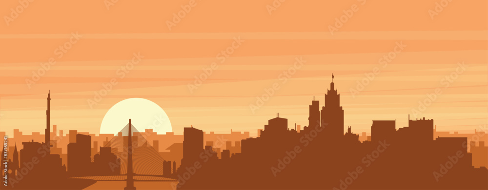 Brown panoramic poster of the city skyline with misty background buildings, sunrise, clouds and mountains of SÃO PAULO, BRAZIL Brown panoramic poster of the city skyline with misty background buildings, sunrise, clouds and mountains of SÃO PAULO, BRAZIL