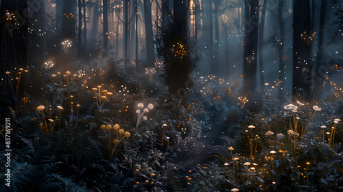 A breathtaking cinematic wildlife photograph featuring a dark fantasy forest filled with glowing, luminescent flora. The shimmering f lowers, grass, mushrooms, and moss emit a soft, ethereal light, ca photo