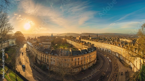 Panoramic View of Historic Cityscape at Sunrise with Curved Streets and Classic Architecture