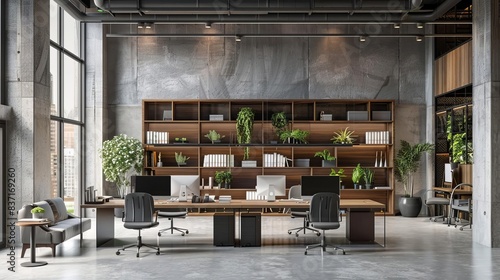 modern office interior with desks computers and bookshelves 3d rendering on concrete and wood