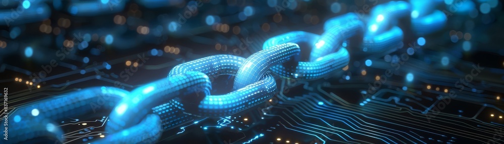 Futuristic blockchain technology visualized with glowing blue digital chains over a dark circuit board, cyber security concept Futuristic blockchain technology visualized with glowing blue digital chains over a dark circuit board, cyber security concept