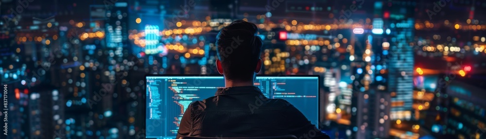 Developer coding critical software, intense focus on screen with urban landscape lighting up the night, merging technology and city life Developer coding critical software, intense focus on screen with urban landscape lighting up the night, merging technology and city life