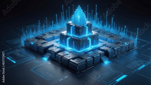  Virtual fortress depicted in a cybersecurity network interface, fortified with cutting-edge encryption and firewall features, emitting a luminous blue aura
