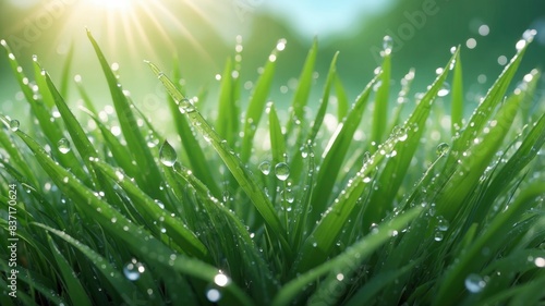Wide-format photo of fresh green grass in early morning, covered with dew drops, illuminated by soft sunlight with a bokeh effect