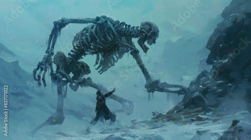  A man fights with a giant skeleton