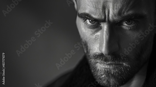 portrait of serious man with intense gaze black and white photo