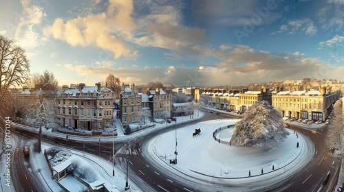 Aerial View of Historic European Town Square in Winter with Snow-Covered Streets, Classic Architecture, and a Central Statue Under a Clear Blue Sky at Sunset