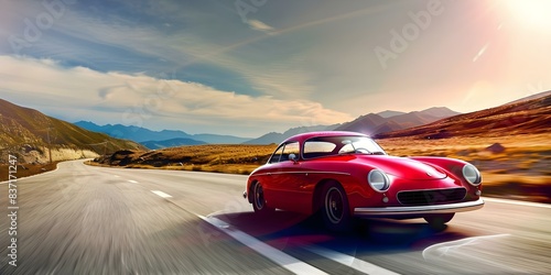 Vintage red sports car cruises along deserted mountain road under clear blue skies. Concept Vintage Cars, Mountain Roads, Sky, Clear Skies, Cruising