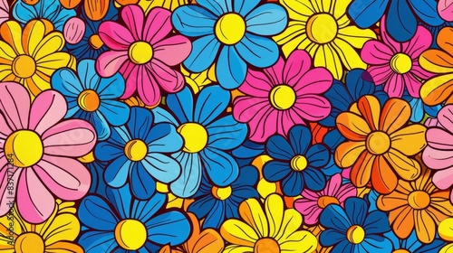 psychedelic retro hippie background with colorful flower power daisies groovy 60s style pattern vector illustration