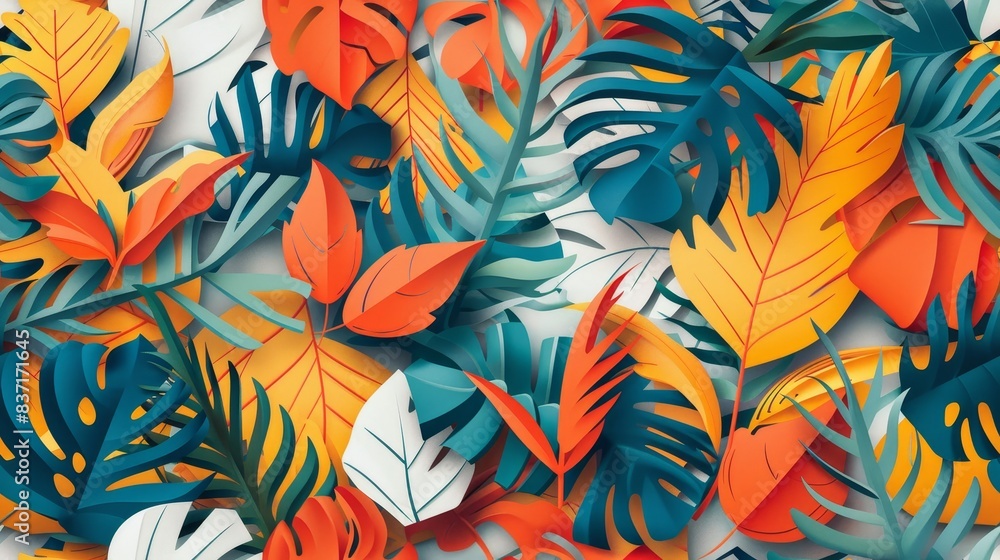 Colorful foliage of monstera and palm leaves create a lively and seamless tropical pattern. Colorful foliage of monstera and palm leaves create a lively and seamless tropical pattern.