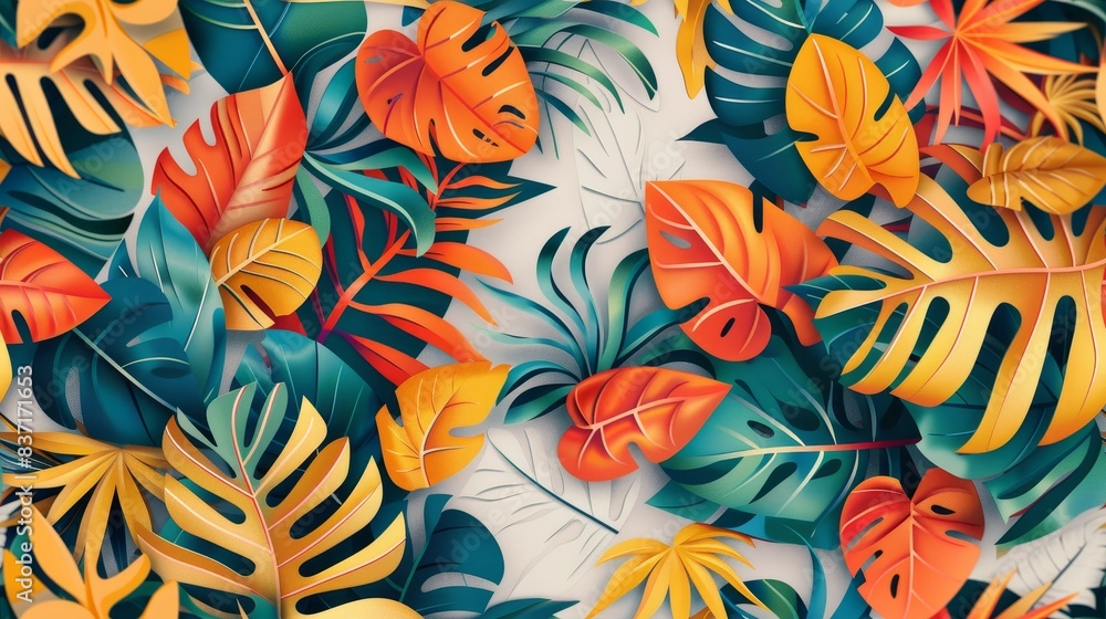 A tileable background with a mix of tropical leaves, creating an abstract nature design. A tileable background with a mix of tropical leaves, creating an abstract nature design.