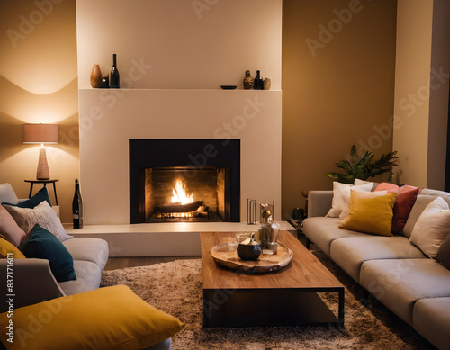 Modern decor, soft lighting, and a cozy fireplace create an elegant and comfortable living room interior © Samsul Alam