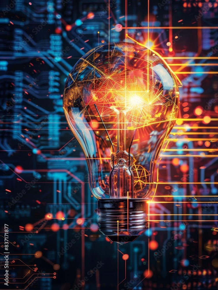 Futuristic lightbulb with swirling digital patterns, epitomizing bright ideas in the digital age. Futuristic lightbulb with swirling digital patterns, epitomizing bright ideas in the digital age.