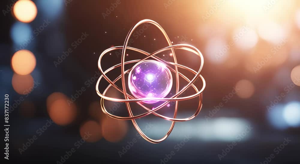 3D animation of an atom with glowing orbits and a bright nucleus. Close ...