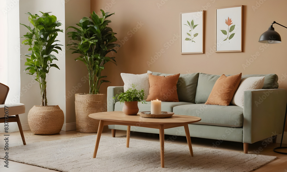 Fototapeta premium Comfortable sofa in an inviting interior design, bathed in sunlight and adorned with plants in wicker baskets