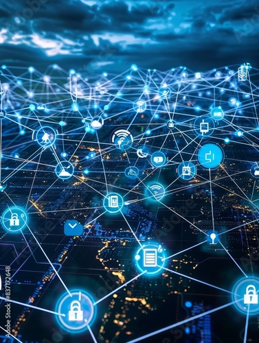 A landscape of connectivity where the internet becomes a tangible network of secure data pathways.