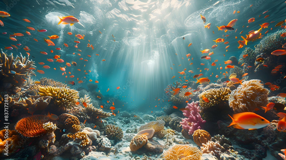 A vibrant nature coral reef landscape with schools of fish swimming among the corals, the water crystal clear A vibrant nature coral reef landscape with schools of fish swimming among the corals, the water crystal clear