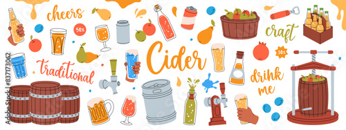 Fruit cider. Wooden barrels, cans, glasses, mugs, metal keg, bottle opener, tap, fruits. Craft fruit beer collection. Cider process production.