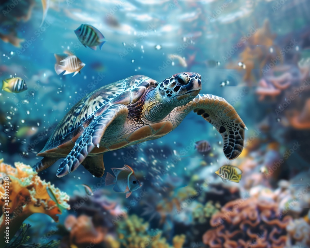 Obraz premium Colorful underwater ecosystem with diverse marine creatures and majestic sea turtle