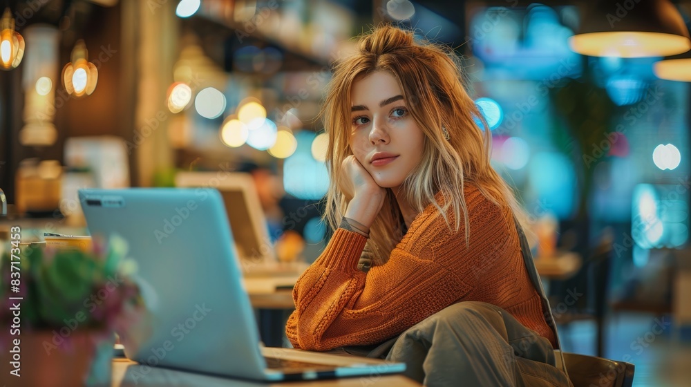 A brunette in a fashionable sweater is engrossed in her laptop work, surrounded by the greenery of a trendy cafe. A brunette in a fashionable sweater is engrossed in her laptop work, surrounded by the greenery of a trendy cafe.