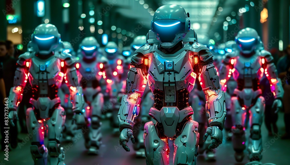 An army of robots marches through a city An army of robots marches through a city