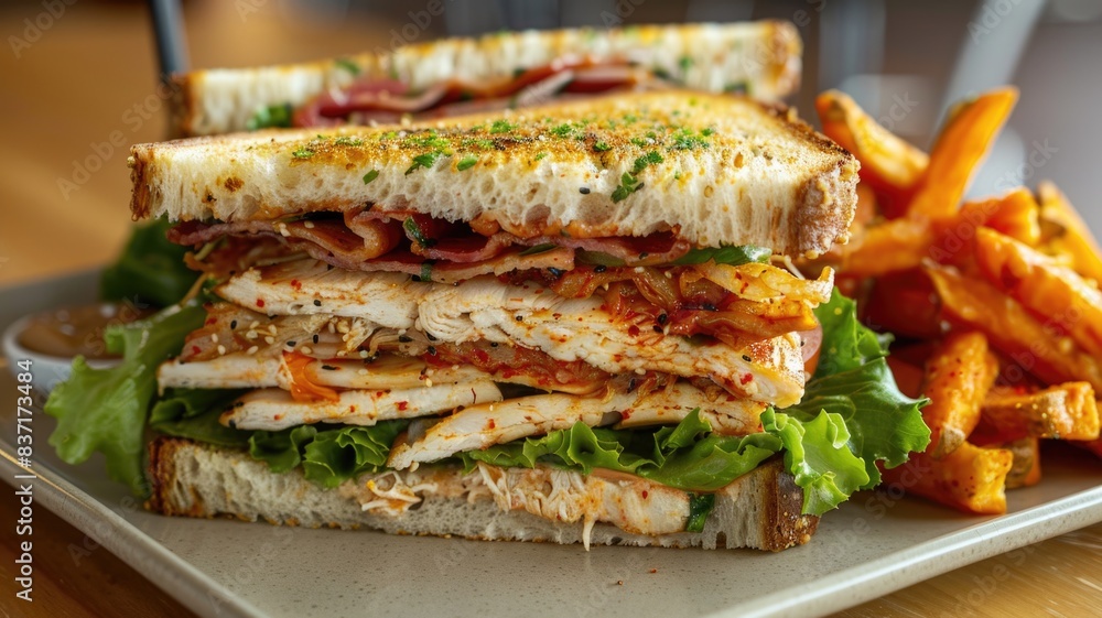 Korean-inspired club sandwich, with layers of grilled chicken, bacon, lettuce, tomato, and kimchi, served with a side of sweet potato fries Korean-inspired club sandwich, with layers of grilled chicken, bacon, lettuce, tomato, and kimchi, served with a side of sweet potato fries