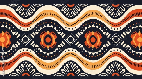 Abstract tribal lattice and wave pattern, natural tones, flat design, interwoven shapes