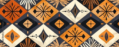 Abstract tribal lattice pattern, natural tones, flat design, interwoven shapes