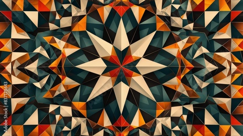 Abstract tribal grid and star pattern, muted colors, flat design, interwoven shapes