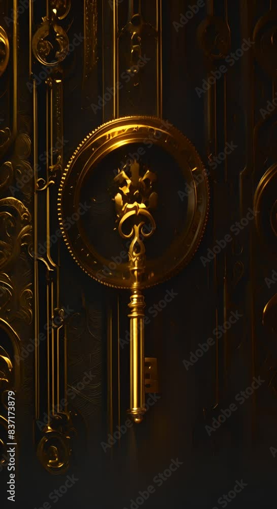A golden key with a gold circle around it The key is on a black background The key is a symbol of unlocking something Vertical video A golden key with a gold circle around it The key is on a black background The key is a symbol of unlocking something Vertical video