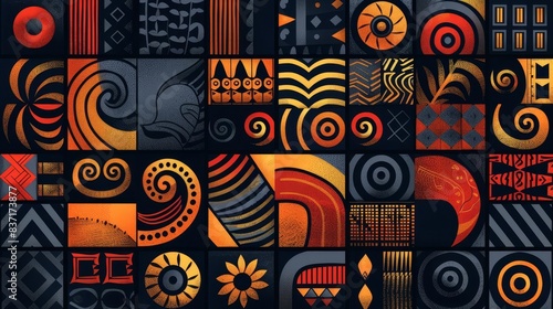 Abstract tribal grid and spiral pattern, warm tones, flat design, rhythmic forms