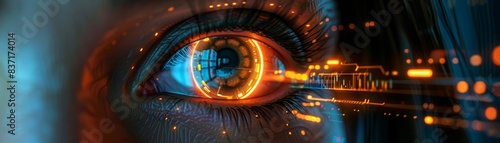 Closeup of a futuristic cybernetic eye, glowing with orange and blue lights, showcasing advanced biotechnology