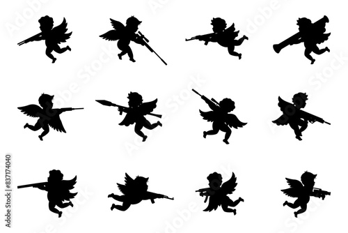 Angels with guns set. Cupids shooting a gun. Angel with a wings. Cherubs silhouette. Valentine's day. Love symbol.