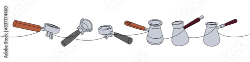 Coffee shop set one line colored continuous drawing. Portafilters for coffee machine, Turkish coffee pots continuous one line colored illustration.