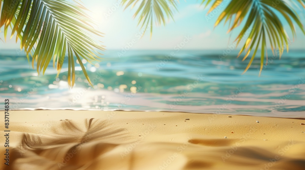 Beautiful wide panorama of a paradise beach with golden sand and palm leaves in blur. Summer banner Beautiful wide panorama of a paradise beach with golden sand and palm leaves in blur. Summer banner