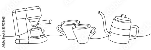 Coffee set one line continuous drawing. Coffee machine, espresso cups, gooseneck kettle continuous one line illustration. Vector linear illustration.