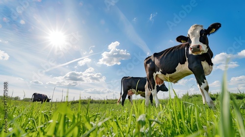 A tranquil field with a cow grazing near a stone wall, with tall trees casting dappled shadows on the grass and a gentle breeze rustling the leaves.


