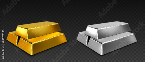 Vector gold and silver bars isolated on dark transparent background