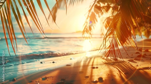 Summer blurred natural panoramic background of tropical beach with palm trees and golden sand at sunset © Murkemur