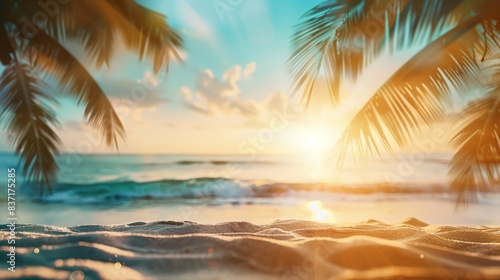 Summer blurred natural panoramic background of tropical beach with palm trees and golden sand at sunset