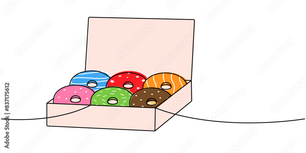 Donuts in a cardboard box one line colored continuous drawing. Bakery sweet pastry food. Vector linear illustration. Donuts in a cardboard box one line colored continuous drawing. Bakery sweet pastry food. Vector linear illustration.