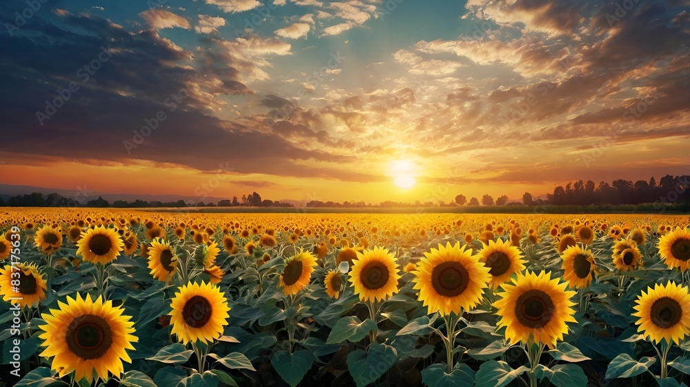 Obraz premium Granater AI Sunflowers in a field, bathed in the warm glow of a sunset. Nature's beauty captured in a serene moment.