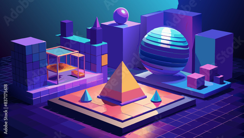 Vibrant Neon Cityscape with Abstract Geometric Shapes