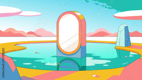 Surreal Landscape with Magical Mirror Portal by the Lake