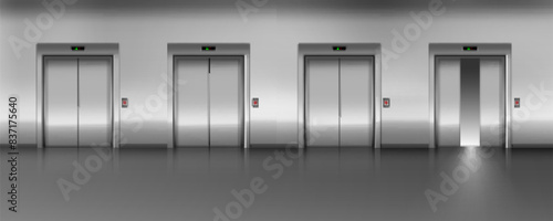 Vector realistic elevators with half-open and closed doors. Steel lifts in modern minimalist interior.