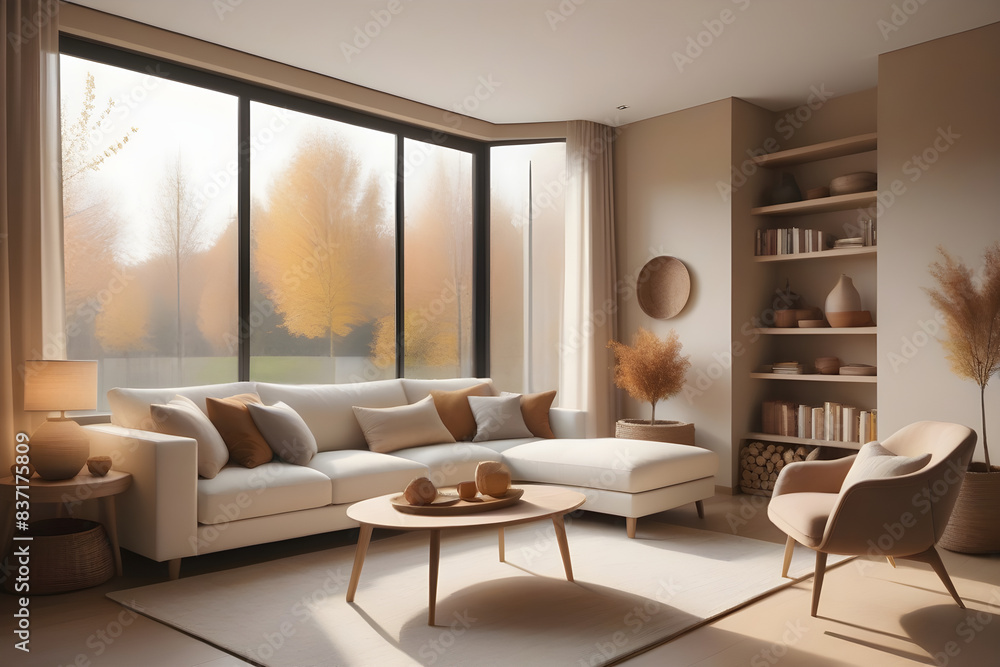 Fototapeta premium Inviting modern living room flooded with sunlight and large windows showcasing a stunning autumn tree landscape