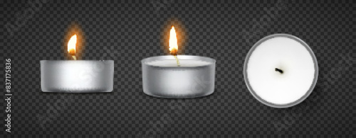 Vector realistic tea candle with fire isolated on transparent background