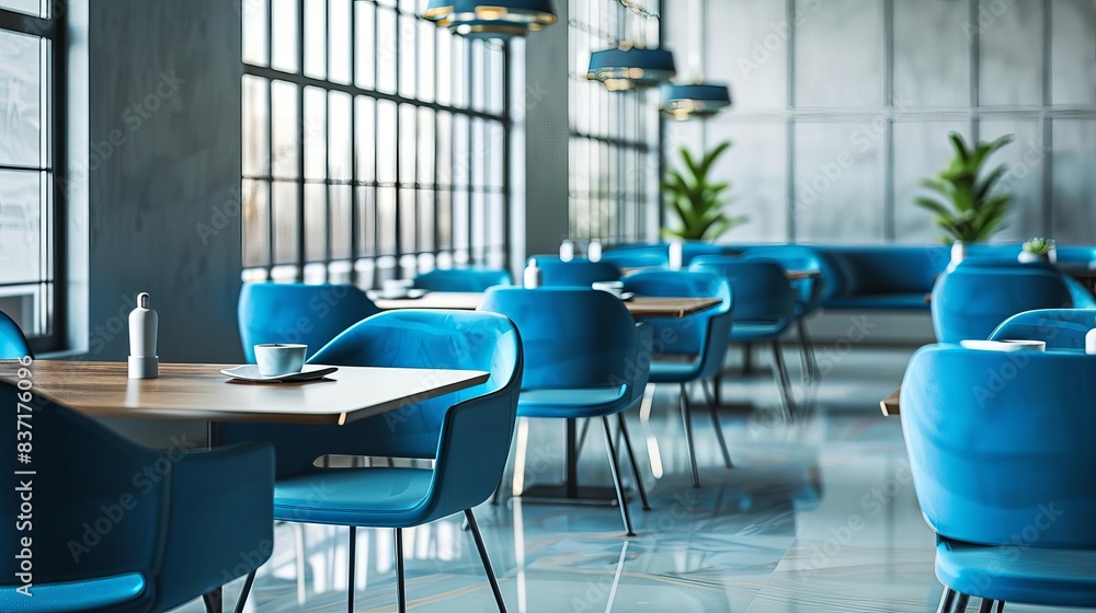 stylish modern restaurant interior with vibrant blue chairs 3d illustration stylish modern restaurant interior with vibrant blue chairs 3d illustration
